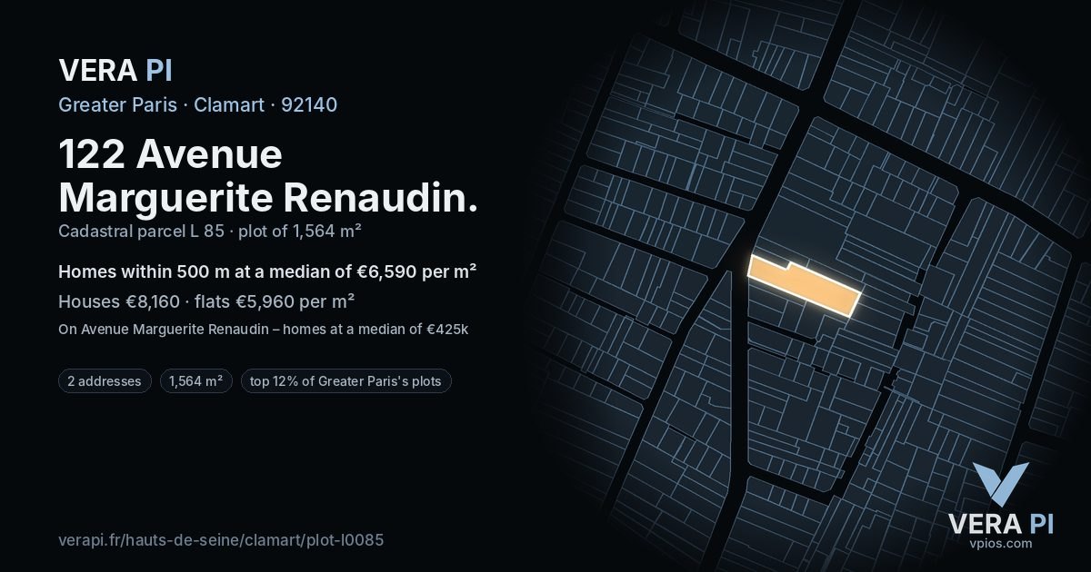122 Avenue Marguerite Renaudin, Clamart at night – the plot lit, the parcels around coloured by the prices near them
