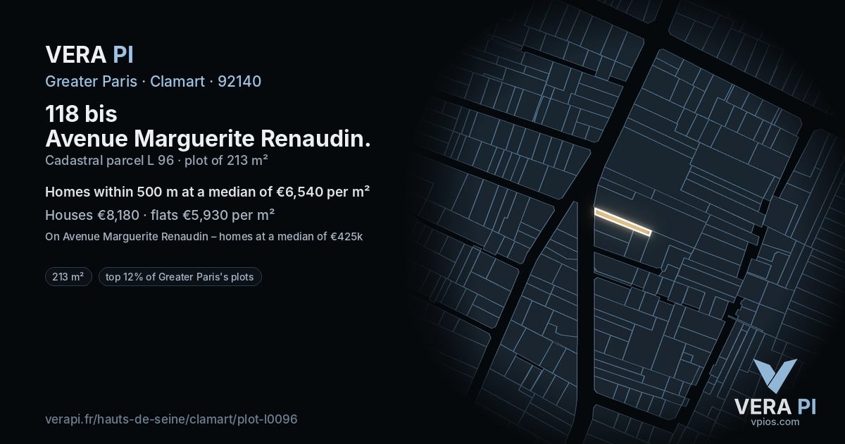 118 bis Avenue Marguerite Renaudin, Clamart at night – the plot lit, the parcels around coloured by the prices near them