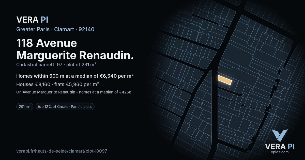 118 Avenue Marguerite Renaudin, Clamart at night – the plot lit, the parcels around coloured by the prices near them