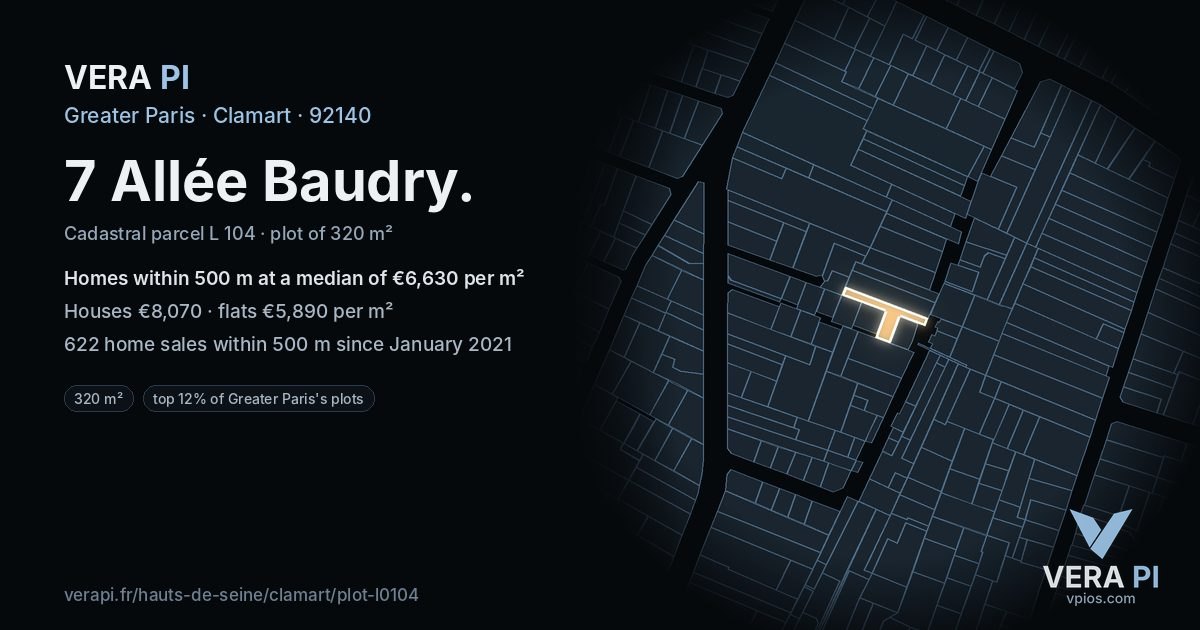 7 Allée Baudry, Clamart at night – the plot lit, the parcels around coloured by the prices near them