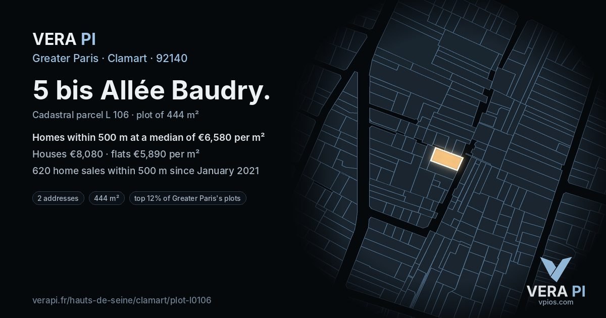 5 bis Allée Baudry, Clamart at night – the plot lit, the parcels around coloured by the prices near them