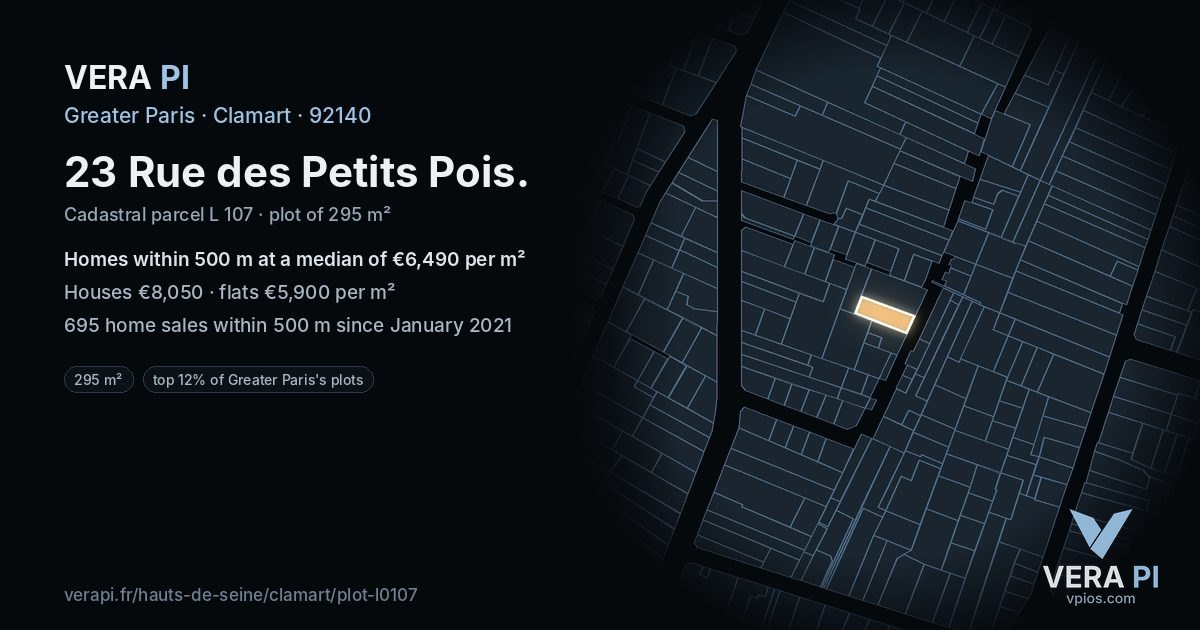 23 Rue des Petits Pois, Clamart at night – the plot lit, the parcels around coloured by the prices near them