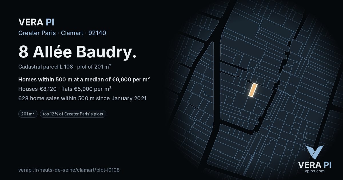 8 Allée Baudry, Clamart at night – the plot lit, the parcels around coloured by the prices near them