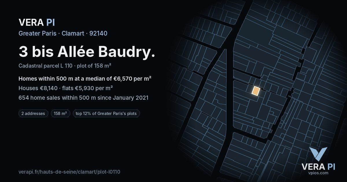 3 bis Allée Baudry, Clamart at night – the plot lit, the parcels around coloured by the prices near them