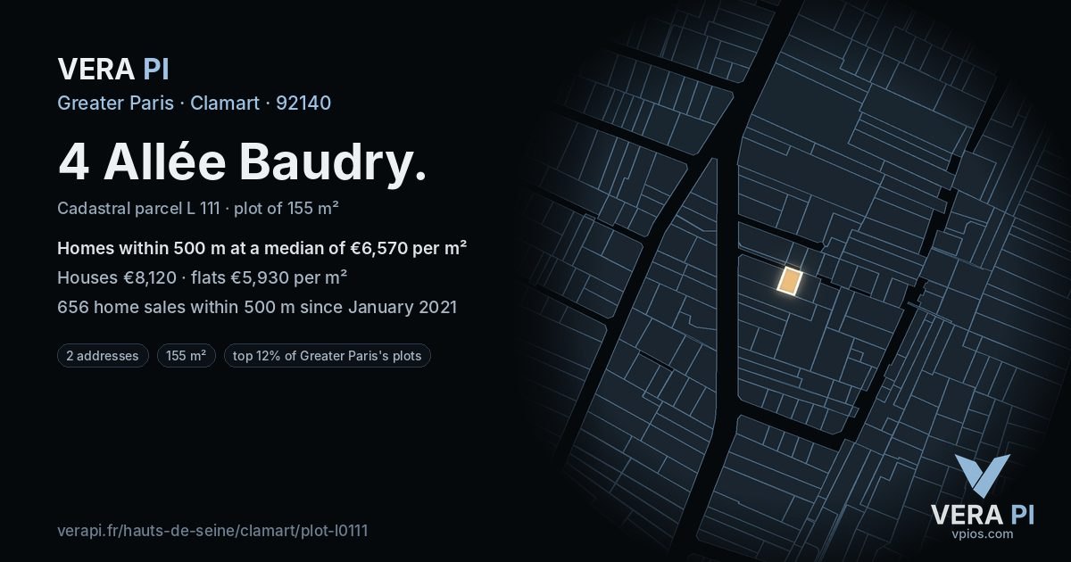 4 Allée Baudry, Clamart at night – the plot lit, the parcels around coloured by the prices near them