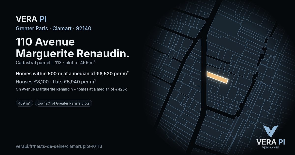 110 Avenue Marguerite Renaudin, Clamart at night – the plot lit, the parcels around coloured by the prices near them