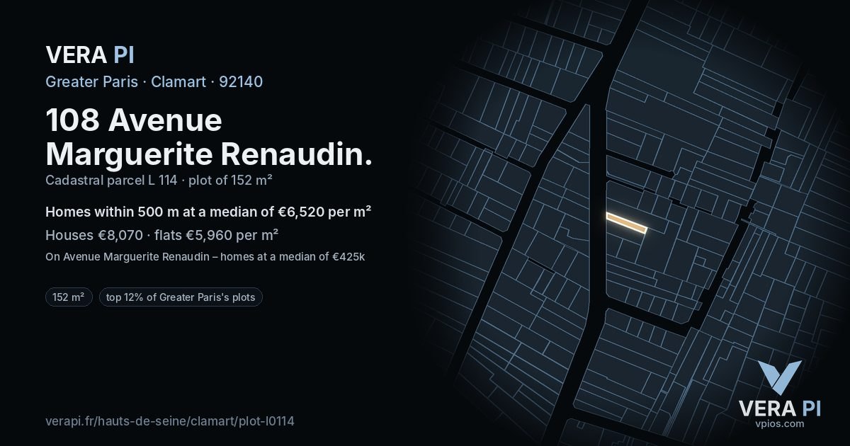 108 Avenue Marguerite Renaudin, Clamart at night – the plot lit, the parcels around coloured by the prices near them