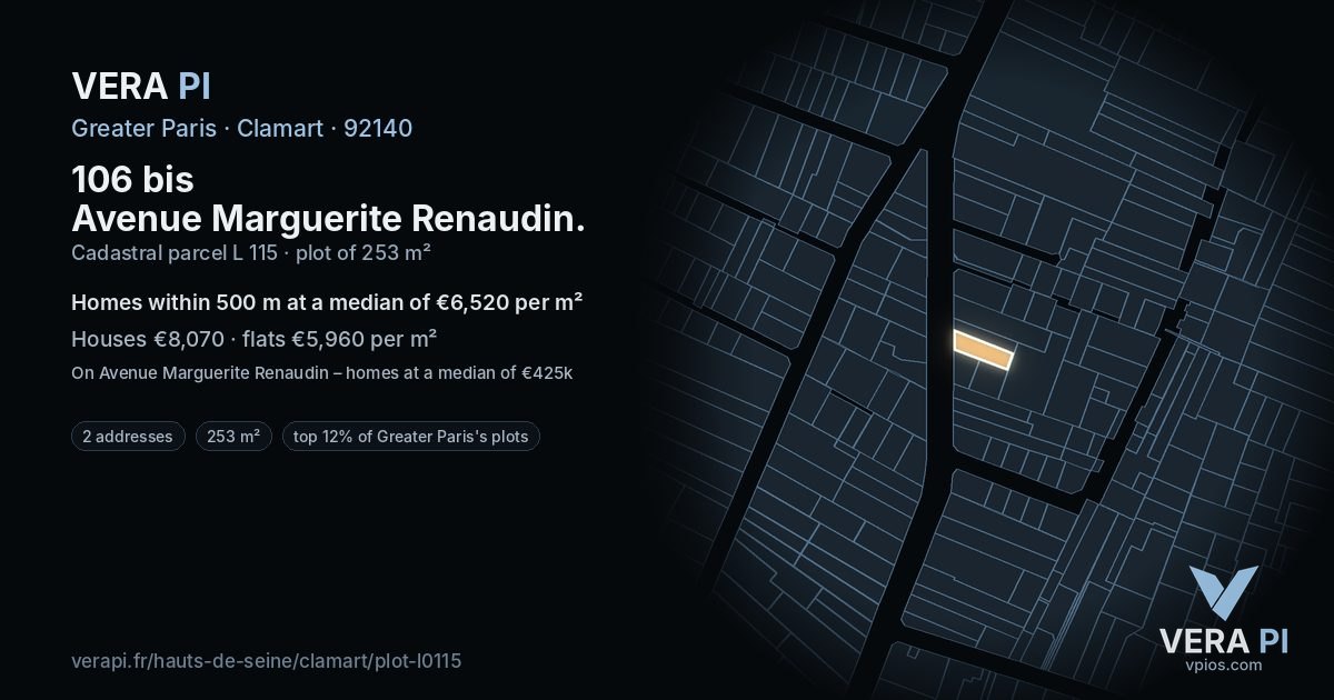 106 bis Avenue Marguerite Renaudin, Clamart at night – the plot lit, the parcels around coloured by the prices near them
