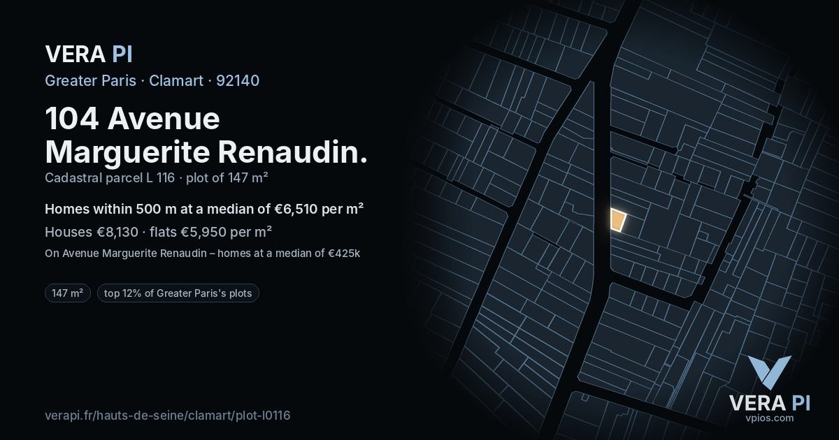 104 Avenue Marguerite Renaudin, Clamart at night – the plot lit, the parcels around coloured by the prices near them