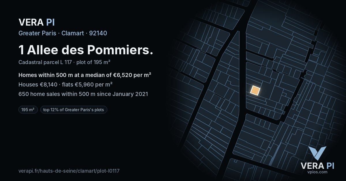 1 Allee des Pommiers, Clamart at night – the plot lit, the parcels around coloured by the prices near them