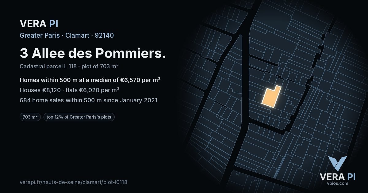 3 Allee des Pommiers, Clamart at night – the plot lit, the parcels around coloured by the prices near them