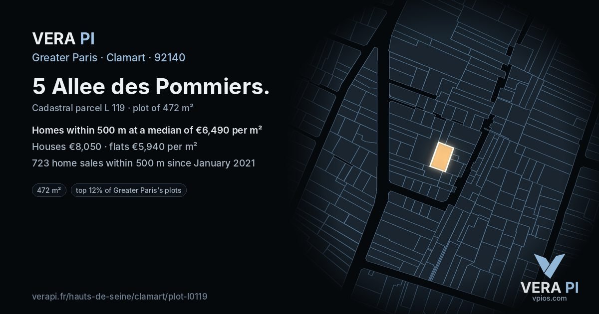 5 Allee des Pommiers, Clamart at night – the plot lit, the parcels around coloured by the prices near them