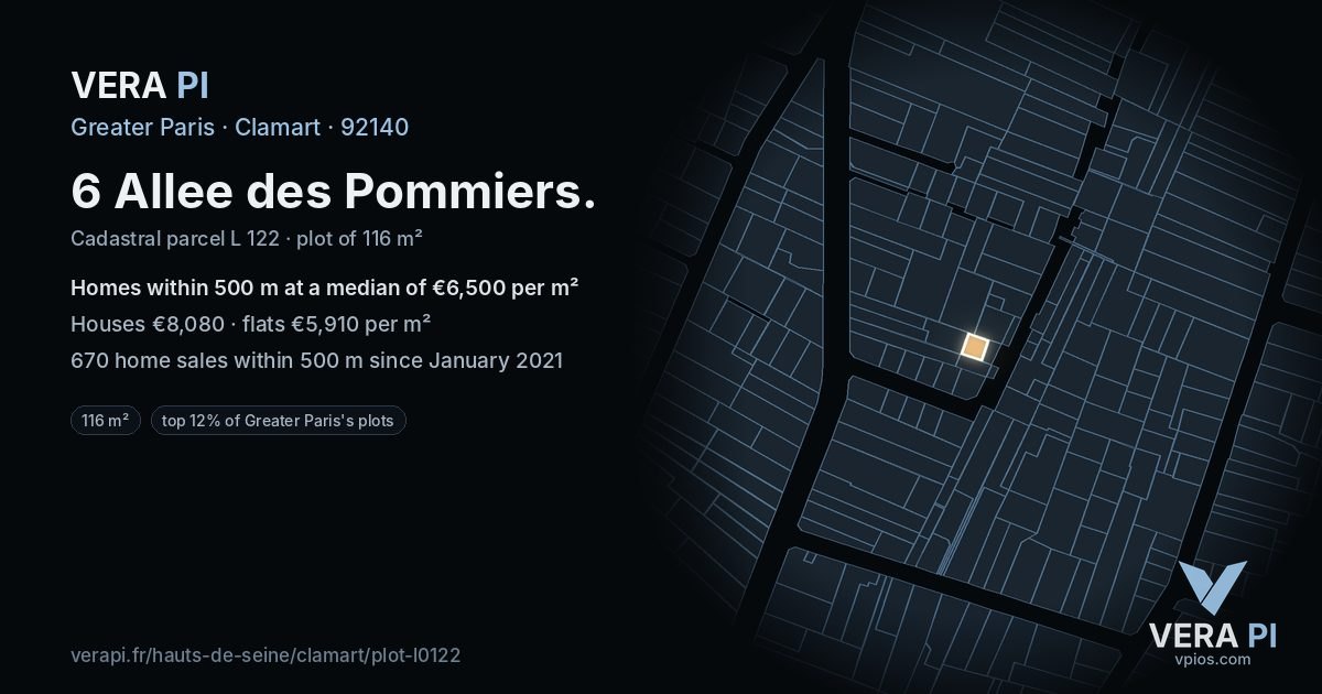 6 Allee des Pommiers, Clamart at night – the plot lit, the parcels around coloured by the prices near them