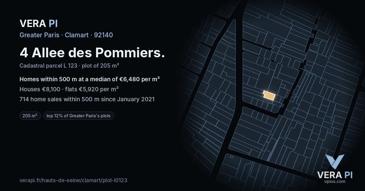 4 Allee des Pommiers, Clamart at night – the plot lit, the parcels around coloured by the prices near them