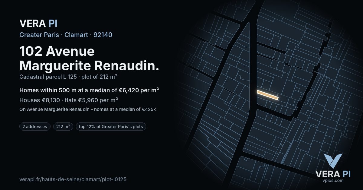 102 Avenue Marguerite Renaudin, Clamart at night – the plot lit, the parcels around coloured by the prices near them