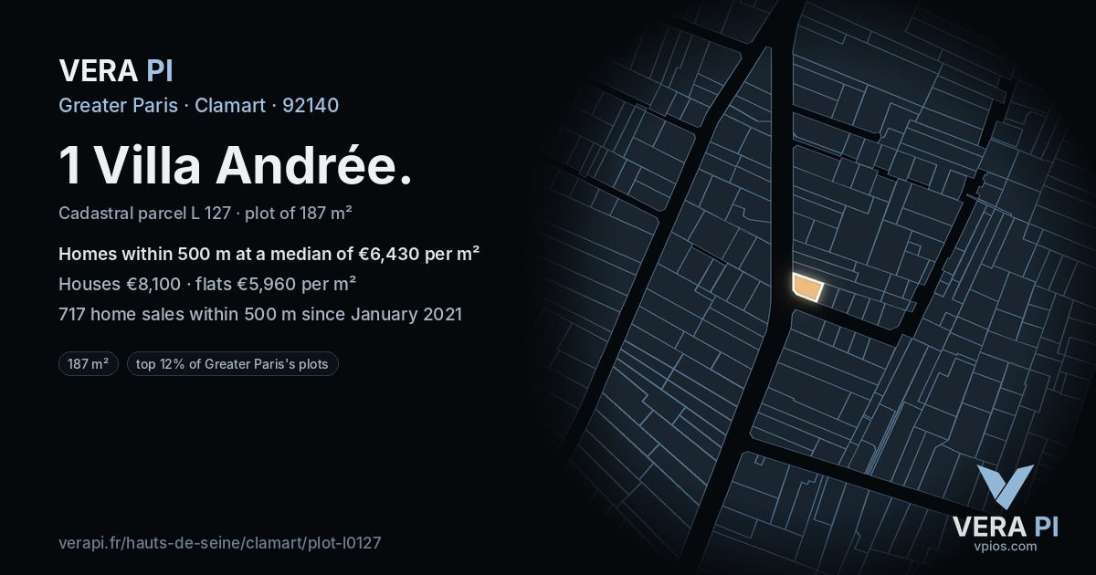 1 Villa Andrée, Clamart at night – the plot lit, the parcels around coloured by the prices near them
