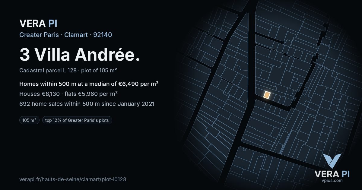 3 Villa Andrée, Clamart at night – the plot lit, the parcels around coloured by the prices near them