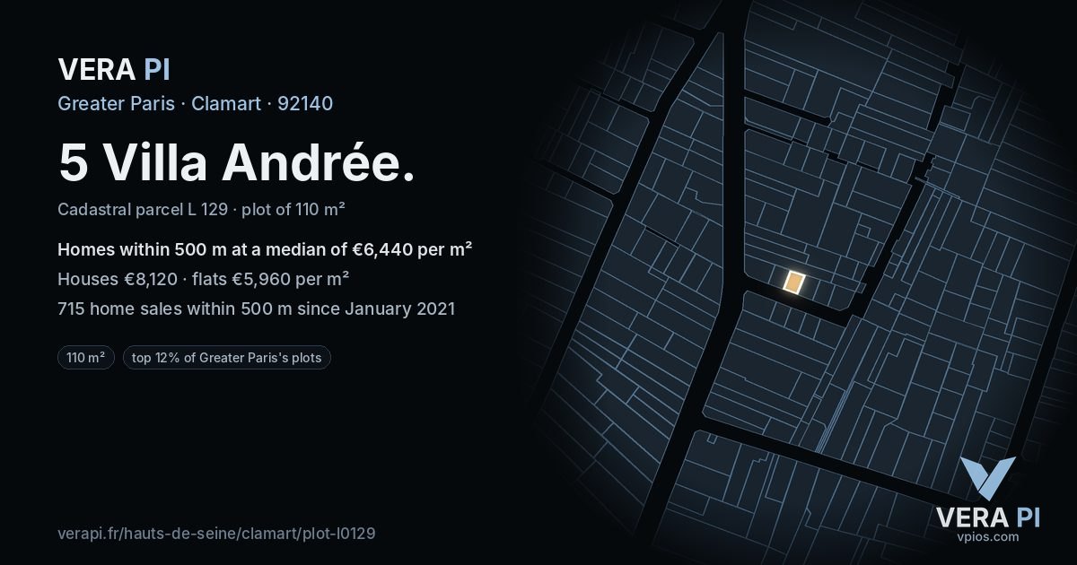 5 Villa Andrée, Clamart at night – the plot lit, the parcels around coloured by the prices near them
