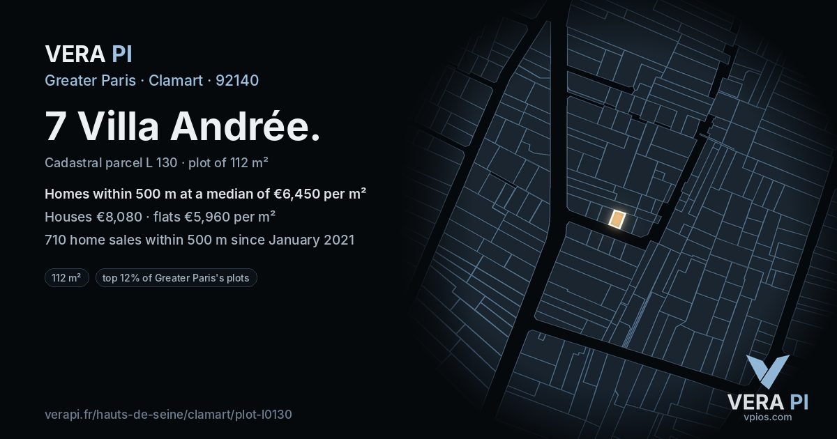 7 Villa Andrée, Clamart at night – the plot lit, the parcels around coloured by the prices near them