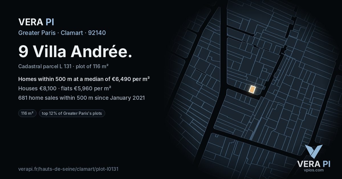 9 Villa Andrée, Clamart at night – the plot lit, the parcels around coloured by the prices near them