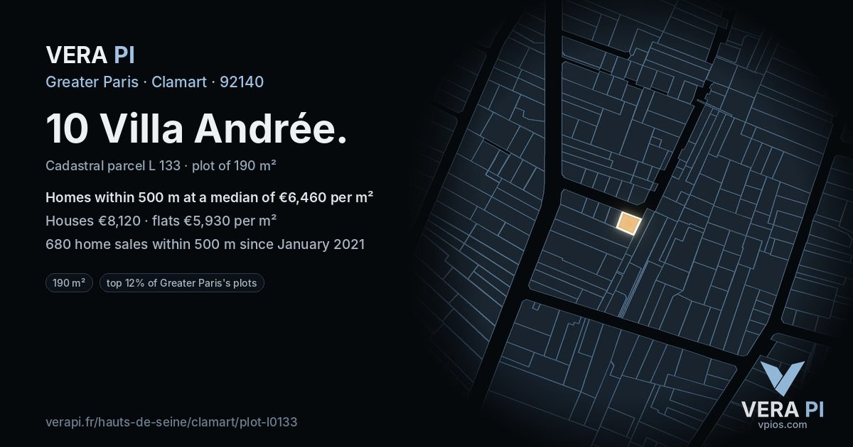10 Villa Andrée, Clamart at night – the plot lit, the parcels around coloured by the prices near them