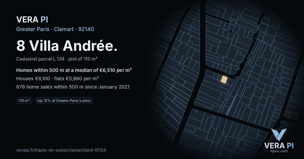 8 Villa Andrée, Clamart at night – the plot lit, the parcels around coloured by the prices near them