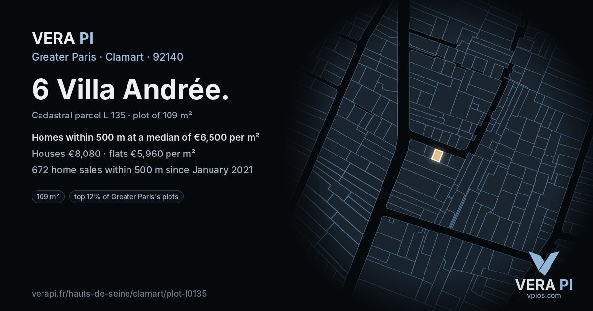 6 Villa Andrée, Clamart at night – the plot lit, the parcels around coloured by the prices near them