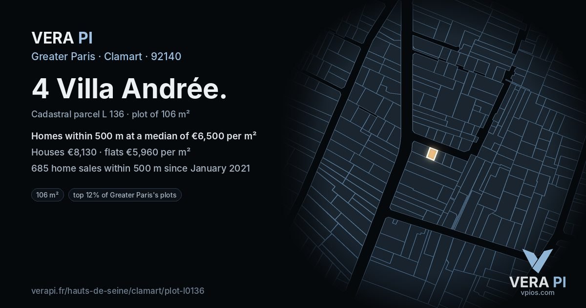 4 Villa Andrée, Clamart at night – the plot lit, the parcels around coloured by the prices near them