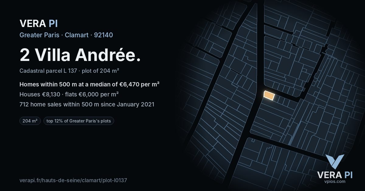 2 Villa Andrée, Clamart at night – the plot lit, the parcels around coloured by the prices near them