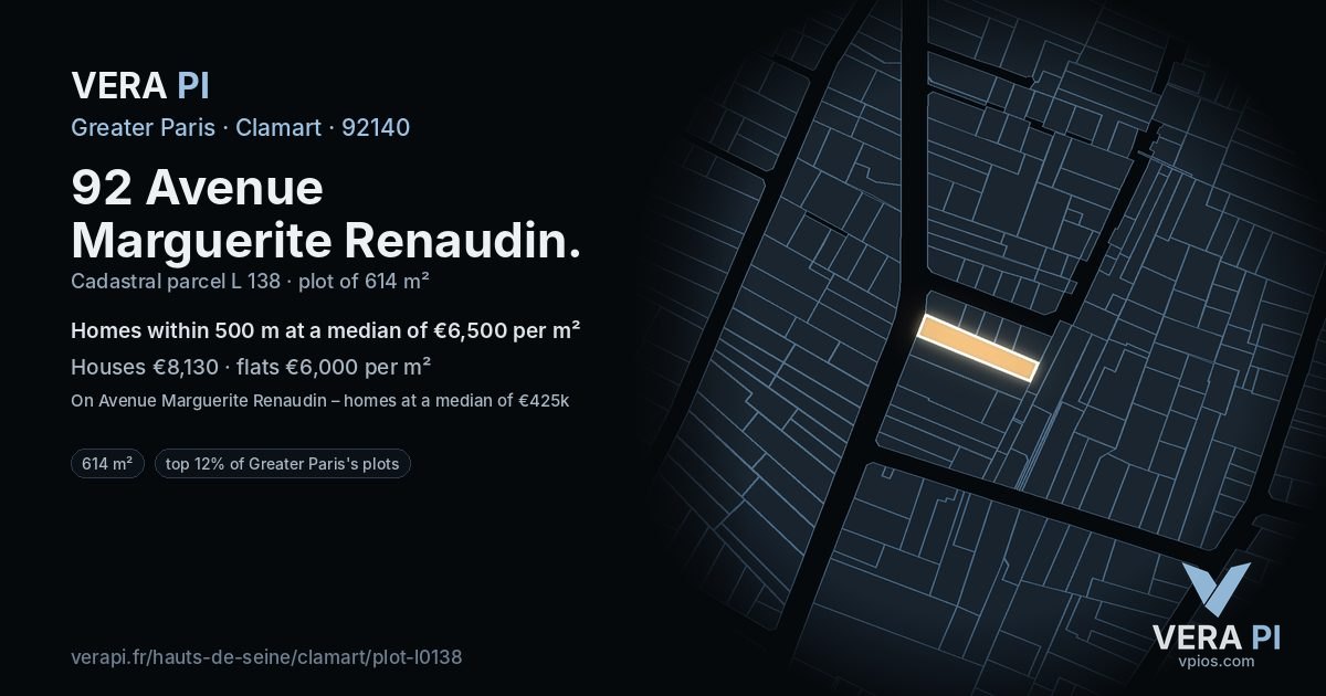 92 Avenue Marguerite Renaudin, Clamart at night – the plot lit, the parcels around coloured by the prices near them