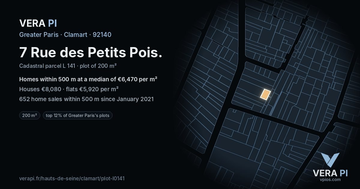 7 Rue des Petits Pois, Clamart at night – the plot lit, the parcels around coloured by the prices near them