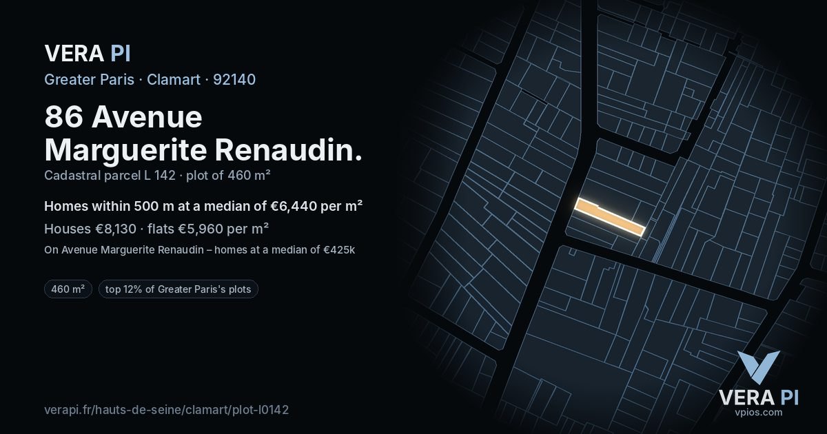 86 Avenue Marguerite Renaudin, Clamart at night – the plot lit, the parcels around coloured by the prices near them