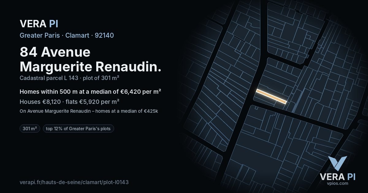 84 Avenue Marguerite Renaudin, Clamart at night – the plot lit, the parcels around coloured by the prices near them