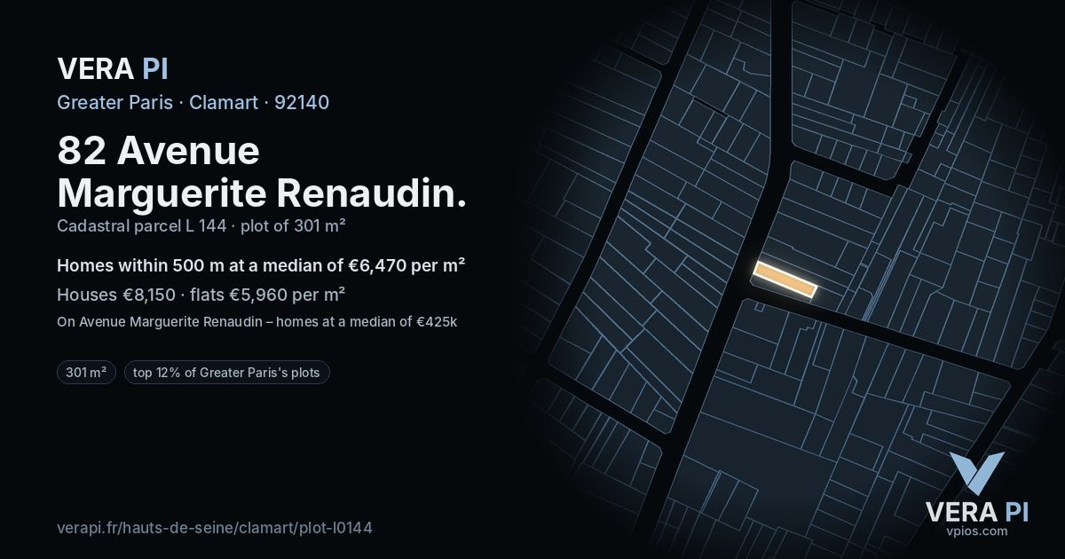 82 Avenue Marguerite Renaudin, Clamart at night – the plot lit, the parcels around coloured by the prices near them
