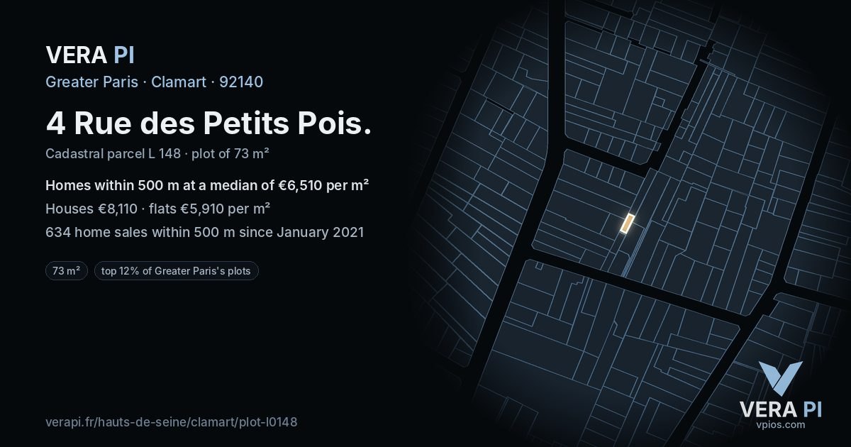 4 Rue des Petits Pois, Clamart at night – the plot lit, the parcels around coloured by the prices near them