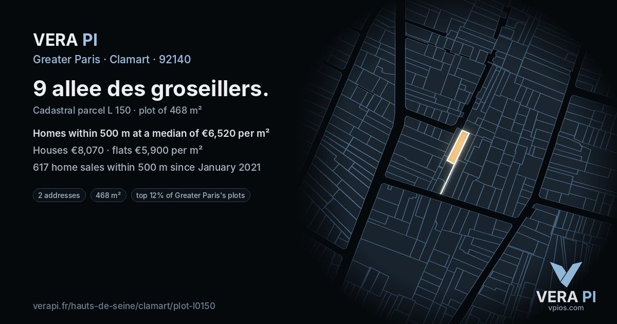 9 allee des groseillers, Clamart at night – the plot lit, the parcels around coloured by the prices near them