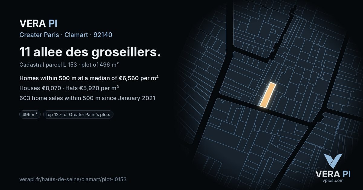 11 allee des groseillers, Clamart at night – the plot lit, the parcels around coloured by the prices near them
