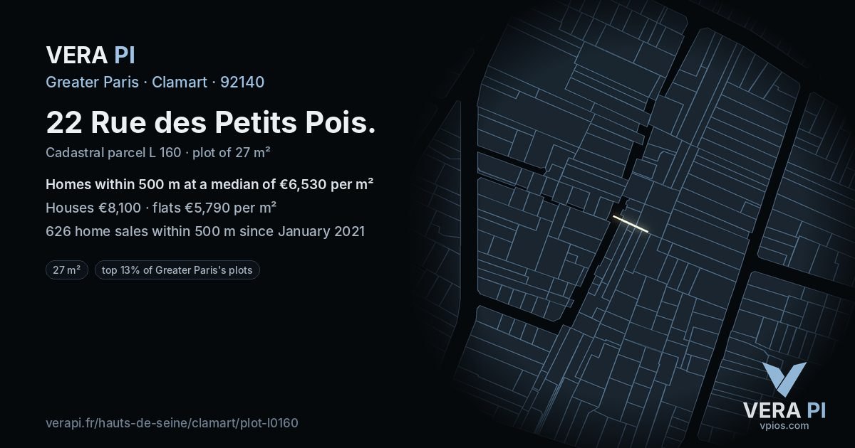 22 Rue des Petits Pois, Clamart at night – the plot lit, the parcels around coloured by the prices near them