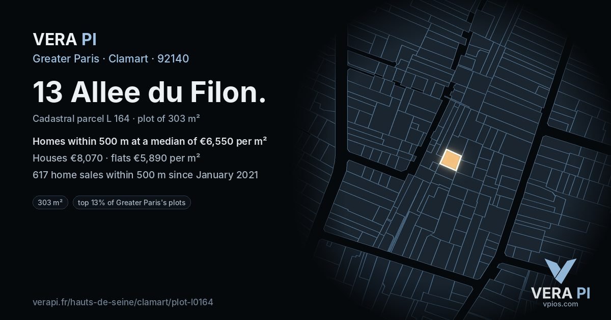 13 Allee du Filon, Clamart at night – the plot lit, the parcels around coloured by the prices near them