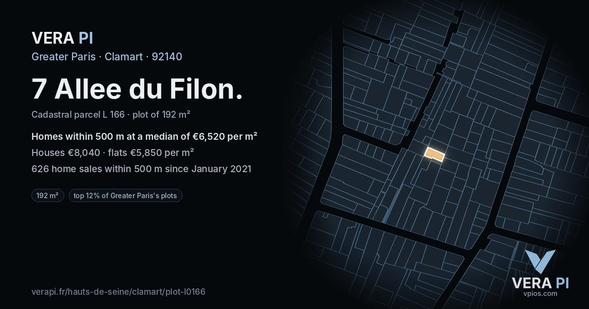 7 Allee du Filon, Clamart at night – the plot lit, the parcels around coloured by the prices near them