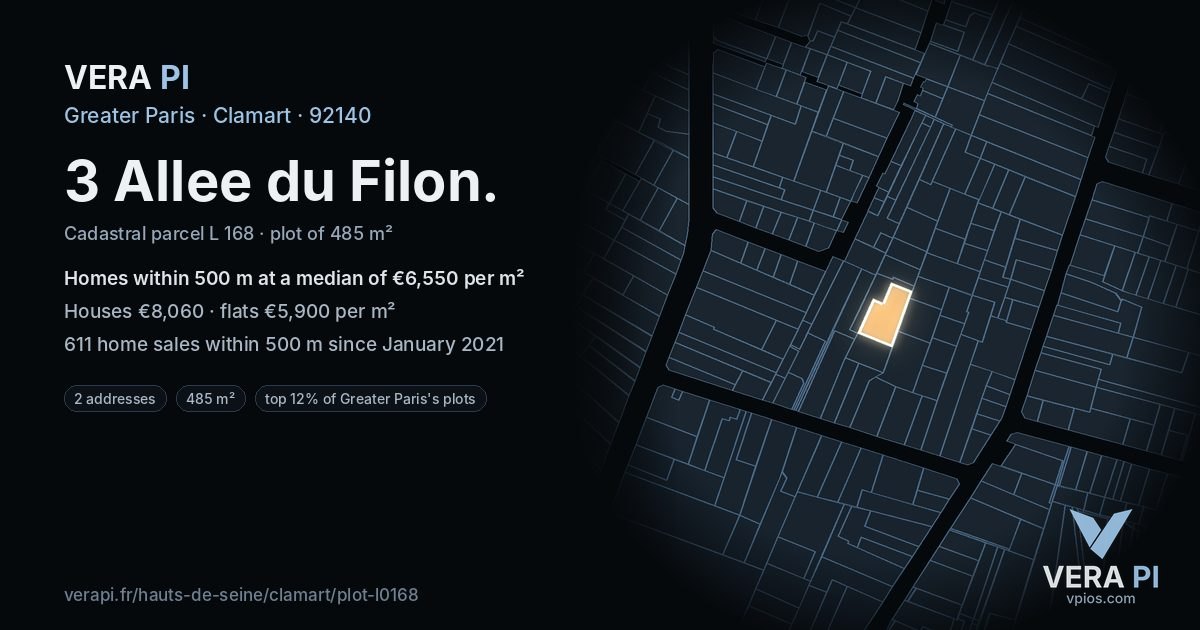3 Allee du Filon, Clamart at night – the plot lit, the parcels around coloured by the prices near them