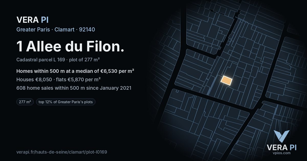 1 Allee du Filon, Clamart at night – the plot lit, the parcels around coloured by the prices near them