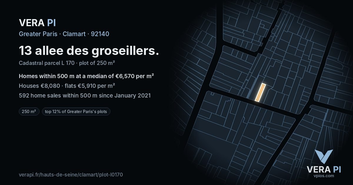 13 allee des groseillers, Clamart at night – the plot lit, the parcels around coloured by the prices near them