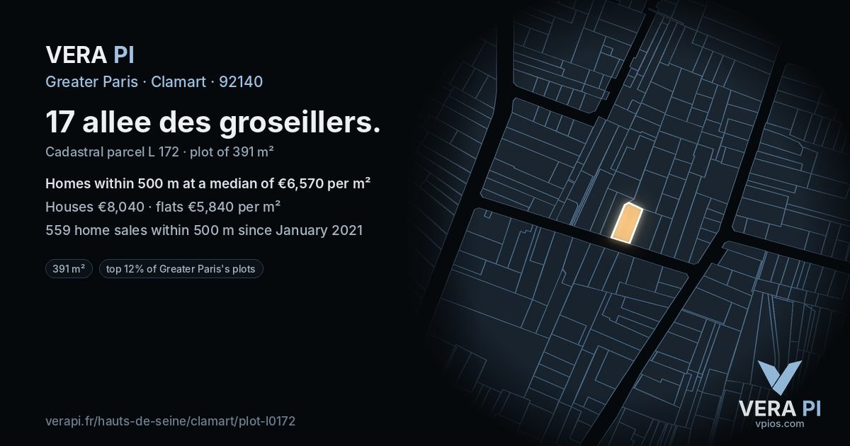 17 allee des groseillers, Clamart at night – the plot lit, the parcels around coloured by the prices near them