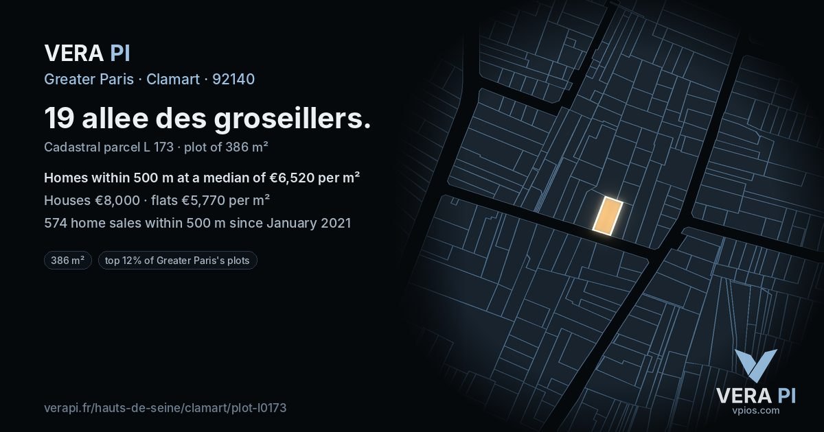 19 allee des groseillers, Clamart at night – the plot lit, the parcels around coloured by the prices near them