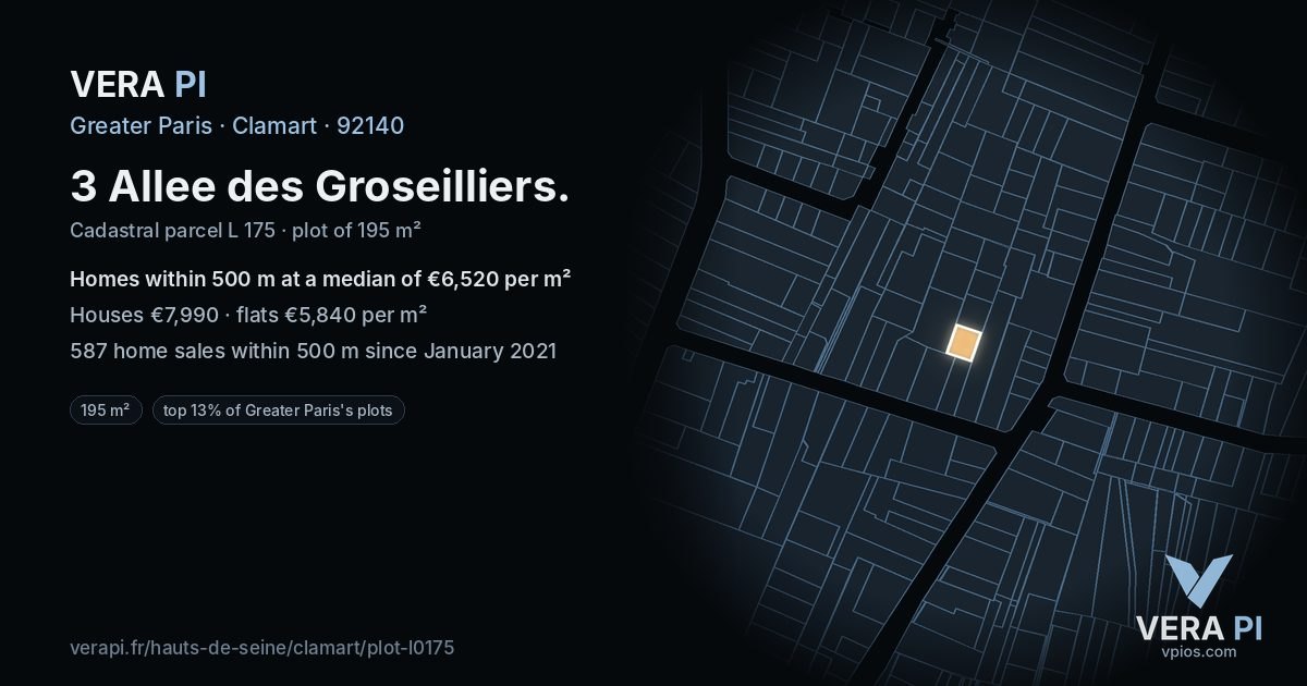3 Allee des Groseilliers, Clamart at night – the plot lit, the parcels around coloured by the prices near them