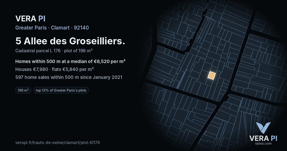 5 Allee des Groseilliers, Clamart at night – the plot lit, the parcels around coloured by the prices near them
