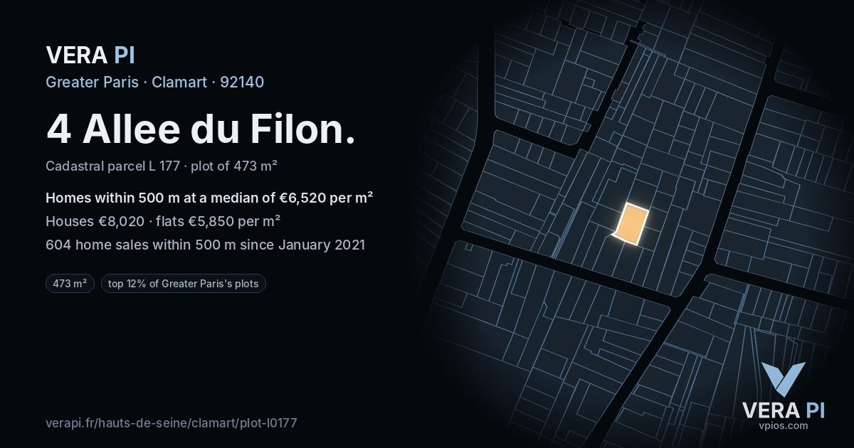 4 Allee du Filon, Clamart at night – the plot lit, the parcels around coloured by the prices near them