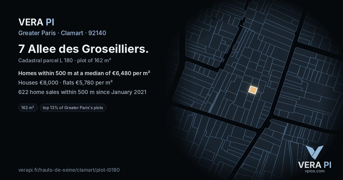 7 Allee des Groseilliers, Clamart at night – the plot lit, the parcels around coloured by the prices near them