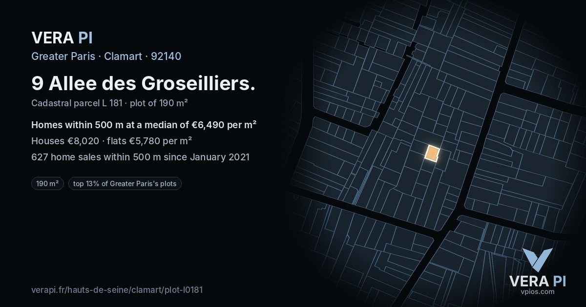 9 Allee des Groseilliers, Clamart at night – the plot lit, the parcels around coloured by the prices near them